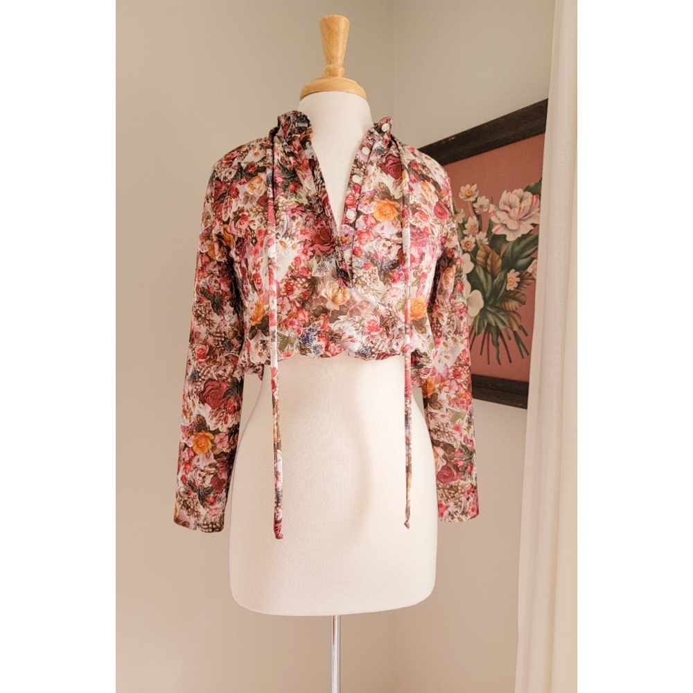 70s Floral Long Sleeve Tie Neck or Waist 1970s Feminine Bohemian Vintage Blouse - Picture 2 of 16